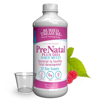 Buried Treasure Prenatal Plus DHA Complete, 16 oz Orange Banana Flavor, High Potency Liquid Formula Supplement for Before, During, Post Pregnancy, Natural DHA Omega3 Iron Vegetarian Safe w/Dose Cup