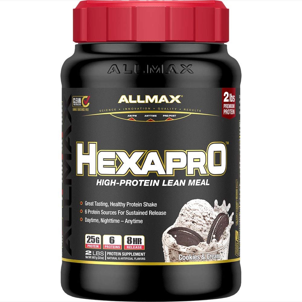 ALLMAX HEXAPRO, Cookies & Cream - 2 lb - 25 Grams of Protein Per Serving - 8-Hour Sustained Release - Zero Sugar - 21 Servings