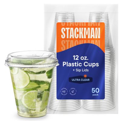 12 oz Clear Plastic Cups with Strawless Sip-Lids [50 Sets] PET Crystal Clear Disposable 16oz Plastic Cups with Lids - Crystal Clear, Durable Cup - BPA Free + Crack Resistant, for Coffee, Juice, Shakes