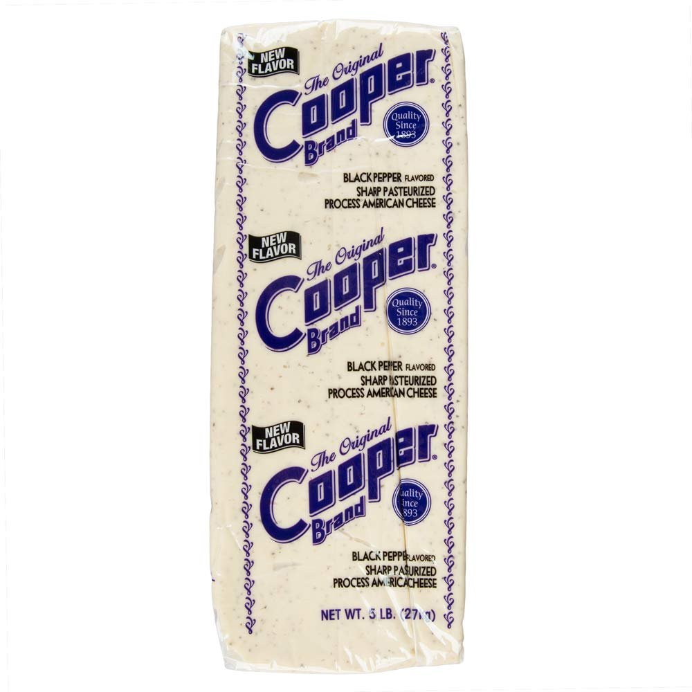 Cooper Cheese Black Pepper Flavored Sharp White American Cheese - 5 lb. Solid Block
