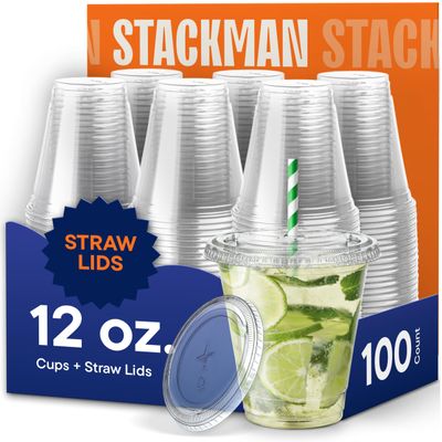 12 oz Clear Plastic Cups with Straw-Slot Lids [100 Sets] PET Crystal Clear Disposable 12oz Plastic Cups with Lids - Crystal Clear, Durable Cup. BPA Free + Crack Resistant, for Coffee, Juice, Shakes