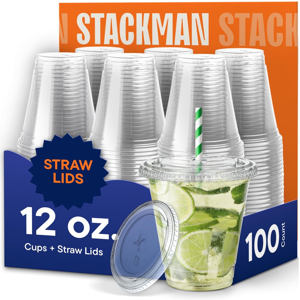 12 oz Clear Plastic Cups with Straw-Slot Lids [100 Sets] PET Crystal Clear Disposable 12oz Plastic Cups with Lids - Crystal Clear, Durable Cup. BPA Free + Crack Resistant, for Coffee, Juice, Shakes