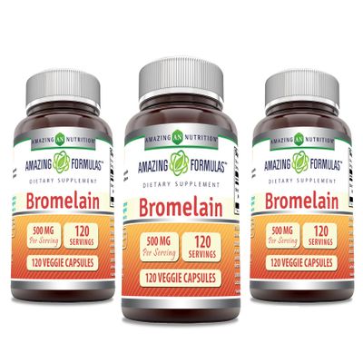 Amazing Formulas Bromelain Supplement | 500 Mg | 2400 GDU | 120 Veggie Capsules | Non-GMO | Gluten Free | Made in USA (3 Pack)