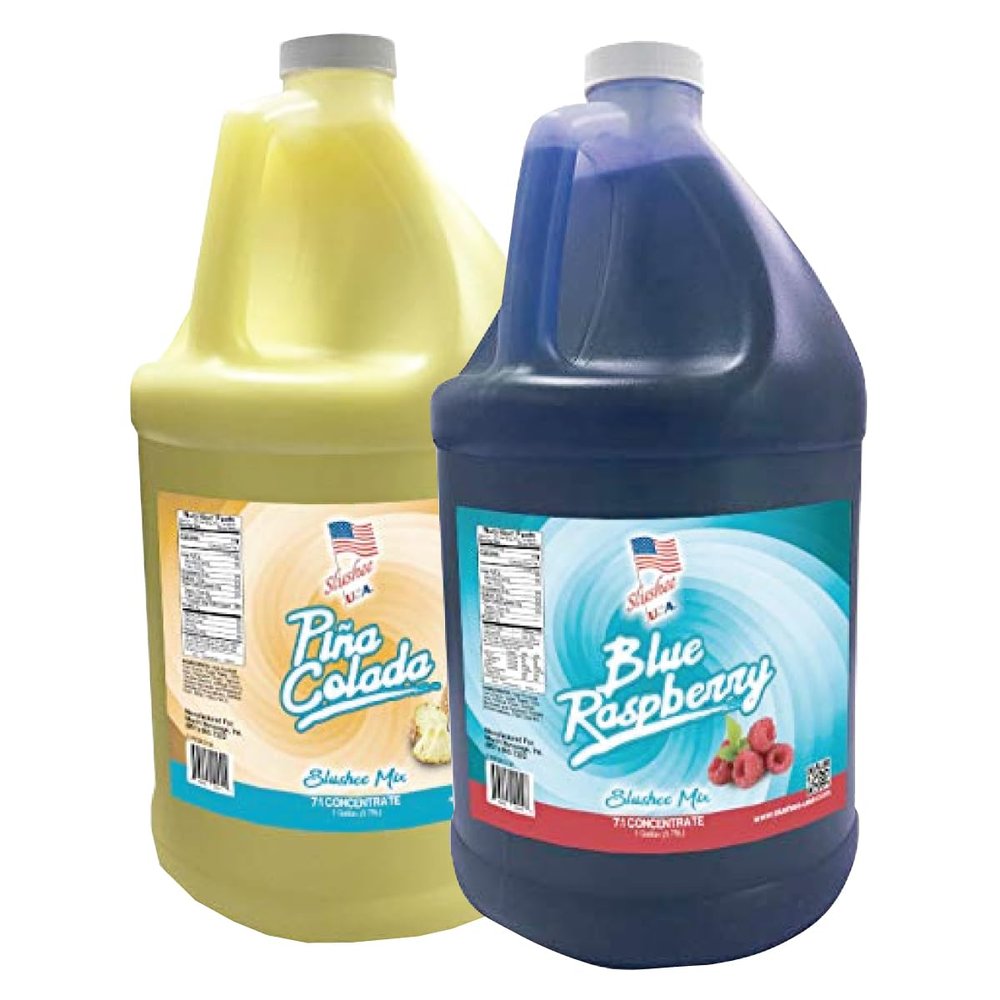 2 Flavor Half Case Blue Raspberry/Pina Colada Slushee Mix - Half Case of 2 x 1 Gallons | 256 oz (Yields Approx. 192-12oz servings per case) | Mixing Ratio 7 (Water) to 1 (Product Mix)