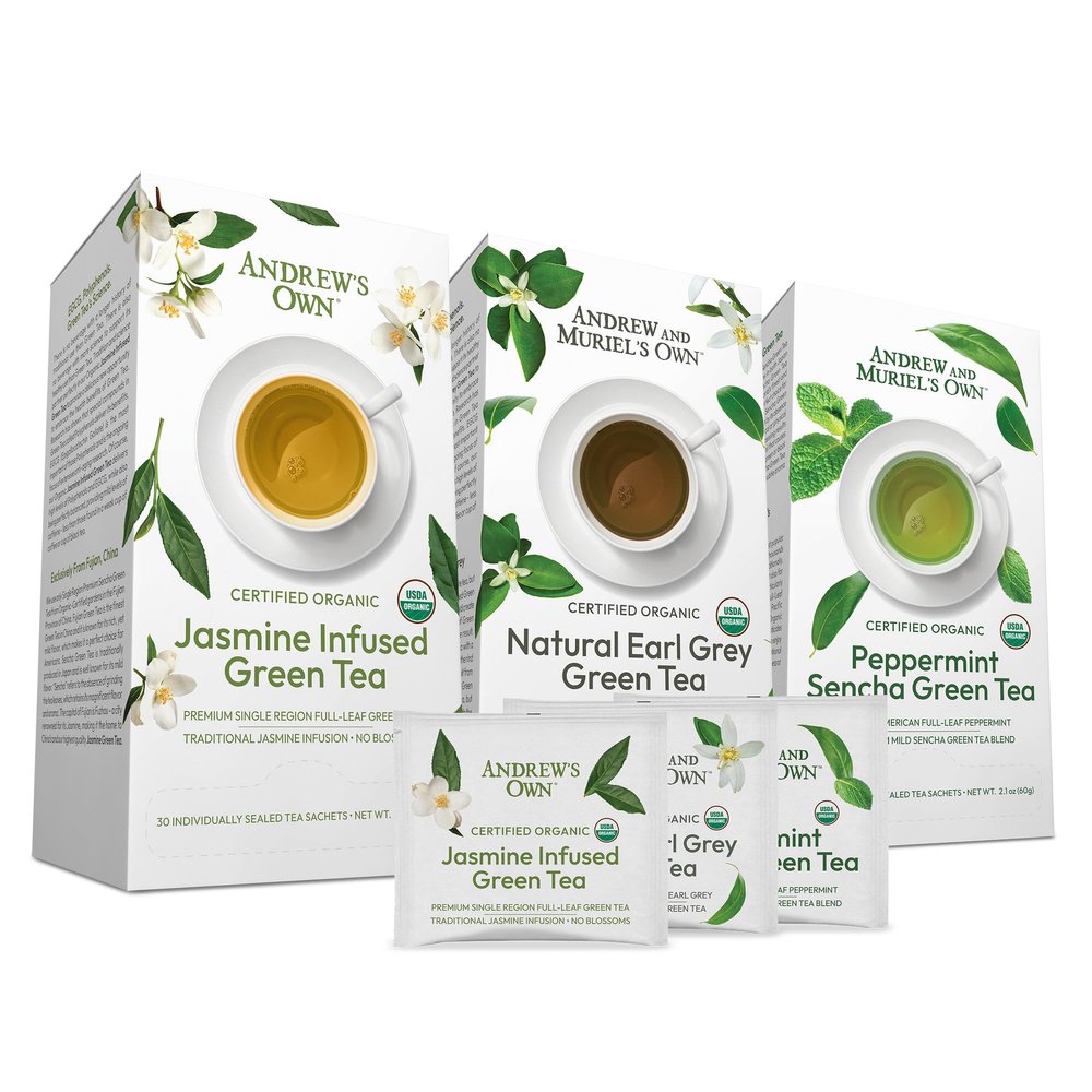 ANDREW LESSMAN Tea - Variety Pack - Green Tea Variety Kit - 30 Sachets Each of Jasmine - Infused + Earl Grey + Peppermint Green Teas. Rich in Healthy EGCG. No Bitter Aftertaste