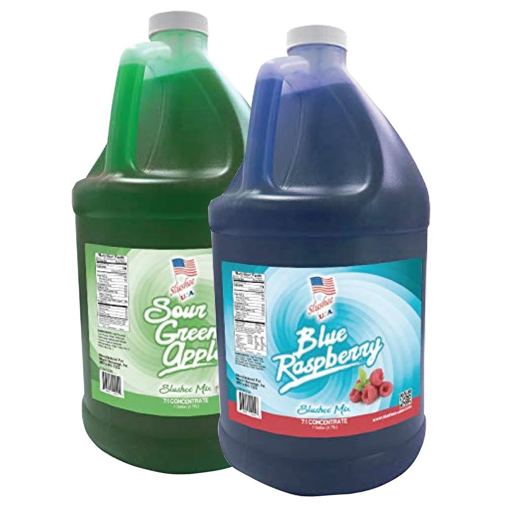 2 Flavor Half Case Blue Raspberry/Sour Green Apple Slushee Mix - Half Case of 2 x 1 Gallons | 256 oz (Yields Approx. 192-12oz servings per case) | Mixing Ratio 7 (Water) to 1 (Product Mix)