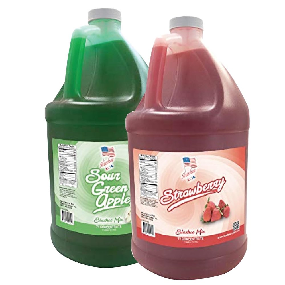 2 Flavor Half Case Strawberry/Sour Green Apple Slushee Mix - Half Case of 2 x 1 Gallons | 256 oz (Yields Approx. 192-12oz servings per case) | Mixing Ratio 7 (Water) to 1 (Product Mix)