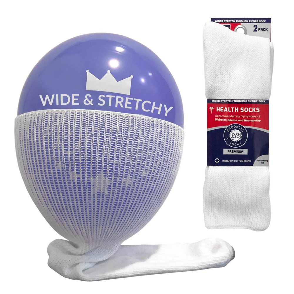 2 Pairs of Extra Wide Diabetic Socks, Mid/Over The Calf Medical Swollen Feet Socks (White)
