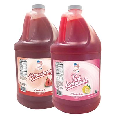 2 Flavor Half Case Strawberry/Pink Lemonade Slushee Mix - Half Case of 2 x 1 Gallons | 256 oz (Yields Approx. 192-12oz servings per case) | Mixing Ratio 7 (Water) to 1 (Product Mix)