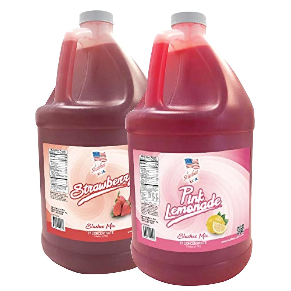 2 Flavor Half Case Strawberry/Pink Lemonade Slushee Mix - Half Case of 2 x 1 Gallons | 256 oz (Yields Approx. 192-12oz servings per case) | Mixing Ratio 7 (Water) to 1 (Product Mix)