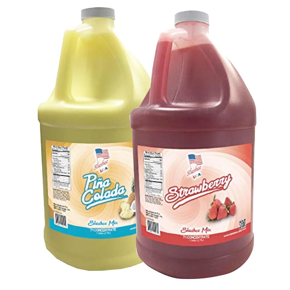 2 Flavor Half Case Strawberry/Pina Colada Slushee Mix - Half Case of 2 x 1 Gallons | 256 oz (Yields Approx. 192-12oz servings per case) | Mixing Ratio 7 (Water) to 1 (Product Mix)