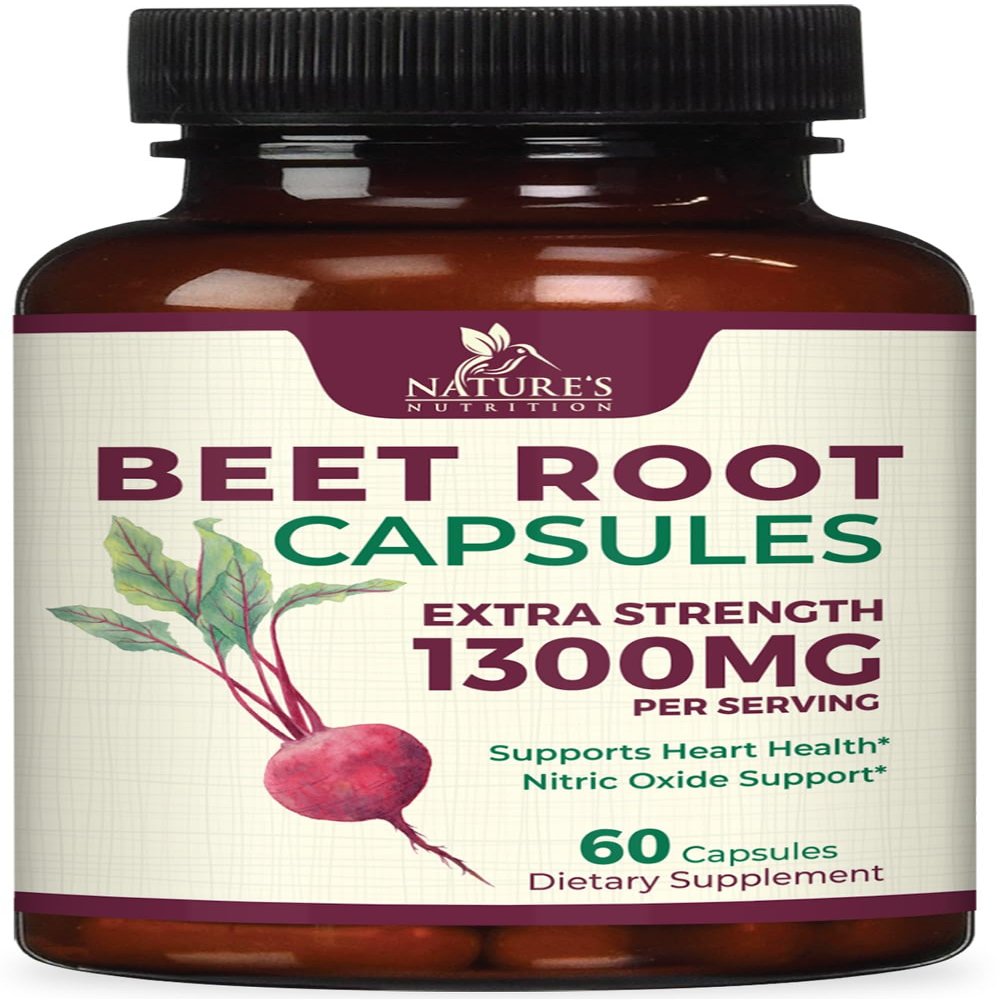 Beet Root Capsules 1300mg - Extra Strength Red Beetroot Powder Supplement  Supports Nitric Oxide Production, Heart Health & Natural Energy  Non-GMO, Vegan, Gluten Free  60 Veggie Capsules
