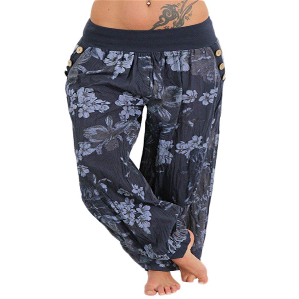 Andongnywell Women Print Wide Harem Pants Hippie Boho Loose Pocket Button Harem Pants High Waist Baggy Beach Pants (Dark Blue,XXXXX-Large)