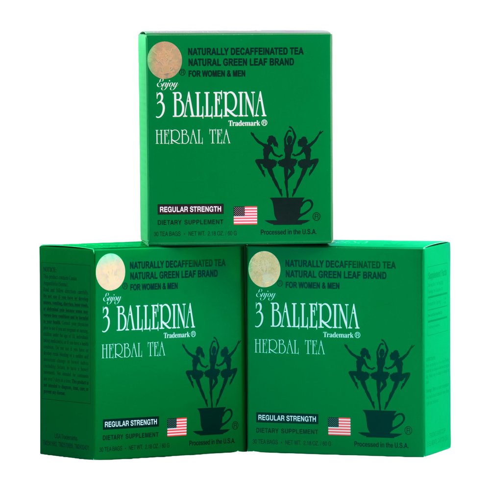 3 Ballerina Natural Green Leaf Brand Naturally Caffeine Free Diet Tea for Women & men (Regular Strength/30 bags, 3 Packs)