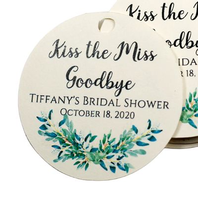 Personalized Bridal Shower Tags with Greenery - Kiss The Miss Goodbye (Set of 15) (Cream)