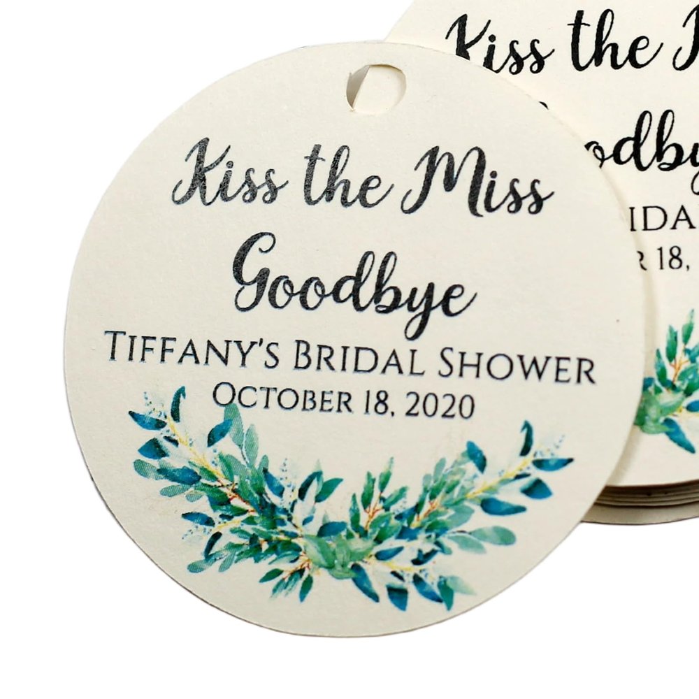 Personalized Bridal Shower Tags with Greenery - Kiss The Miss Goodbye (Set of 15) (Cream)