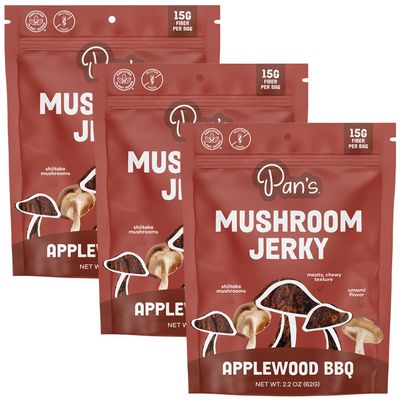 Pan's Mushroom Jerky, Vegan Snacks, Dried Mushrooms Shiitake, Plant based Jerky, Meatless Jerky, Gluten Free, High in Fiber, with Applewood BBQ flavor (2.2 Ounce, Pack of 3)