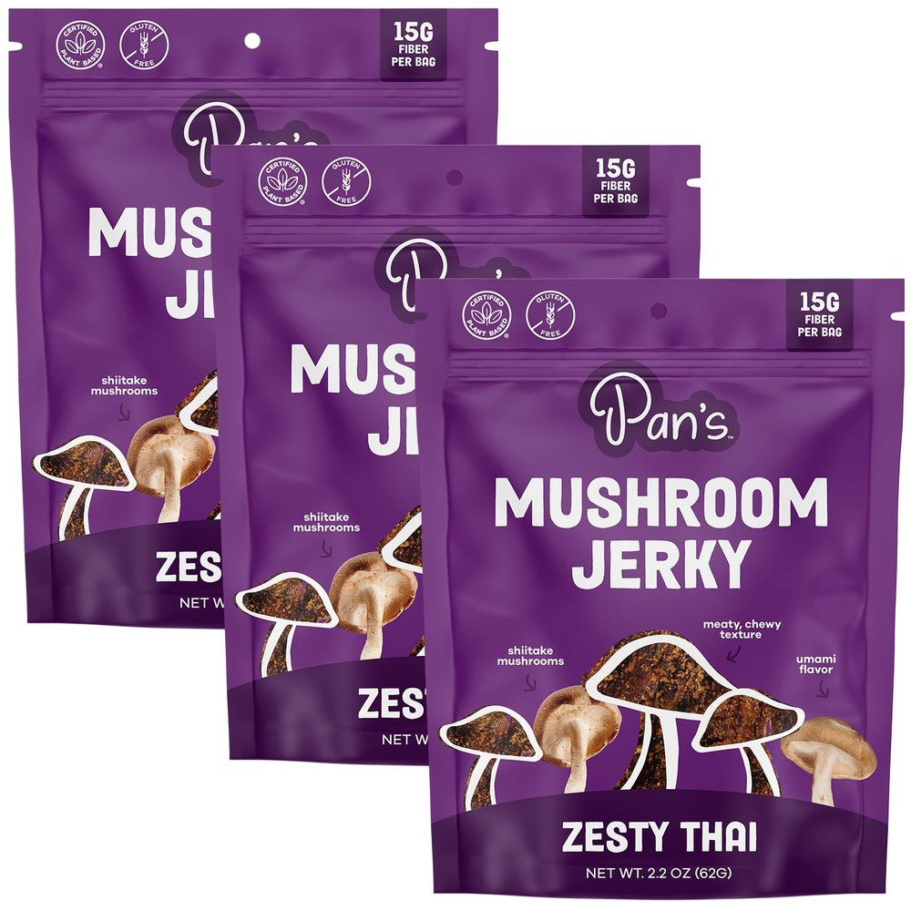 Pan's Mushroom Jerky, Vegan Snacks, Dried Mushrooms Shiitake, Plant based Jerky, Meatless Jerky, Gluten Free, High in Fiber, with Zesty Thai flavor (2.2 Ounce, Pack of 3)