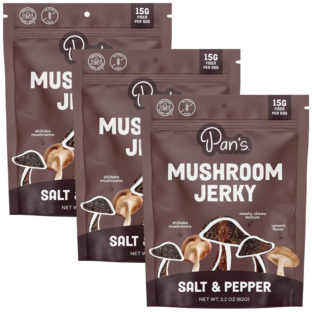 Pan's Mushroom Jerky, Vegan Snacks, Dried Mushrooms Shiitake, Plant based Jerky, Meatless Jerky, Gluten Free, High in Fiber, with Salt & Pepper flavor (2.2 Ounce, Pack of 3)
