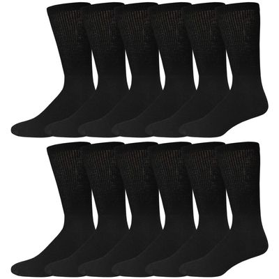 12 Pairs of Cotton Diabetic Neuropathy Crew Socks (9-11, Fits Men's Shoe Size 7-9.5, Black)