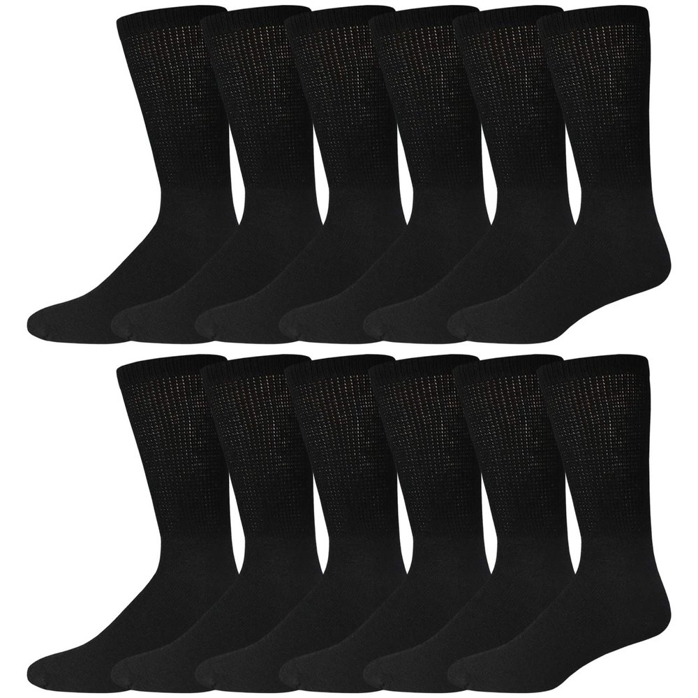 12 Pairs of Cotton Diabetic Neuropathy Crew Socks (9-11, Fits Men's Shoe Size 7-9.5, Black)