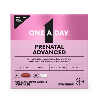 One A Day Prenatal Advanced- Prenatal Vitamins with Folic Acid, Choline, DHA & Iron, Pregnancy Vitamins for Women to Support Babys Development, 30+30 Ct (60 Total Set) (Packaging May Vary)