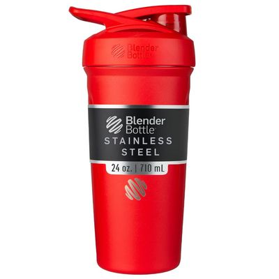 BlenderBottle Strada Shaker Cup Insulated Stainless Steel Water Bottle with Wire Whisk, 24-Ounce, Red