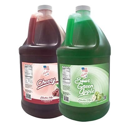 2 Flavor Half Case Sour Green Apple/Cherry Slushee Mix - Half Case of 2 x 1 Gallons | 256 oz (Yields Approx. 192-12oz servings per case) | Mixing Ratio 7 (Water) to 1 (Product Mix)