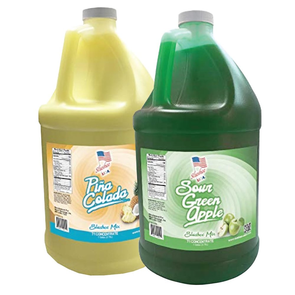 2 Flavor Half Case Sour Green Apple/Pina Colada Slushee Mix - Half Case of 2 x 1 Gallons | 256 oz (Yields Approx. 192-12oz servings per case) | Mixing Ratio 7 (Water) to 1 (Product Mix)