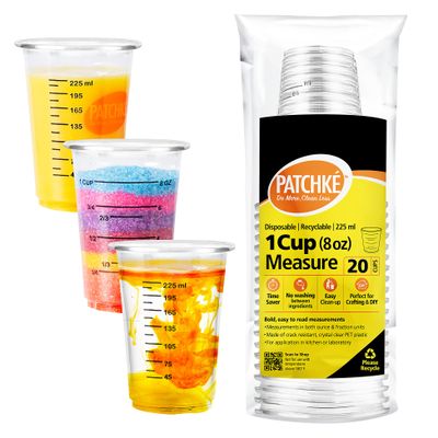 Disposable Measuring Cups For Resin 8 Oz - Clear Plastic Graduated Cup for Epoxy Resin Stain Mixing, Chemical and Cooking & Baking safe, Clear and Transparent (20-1 Cup Measures)