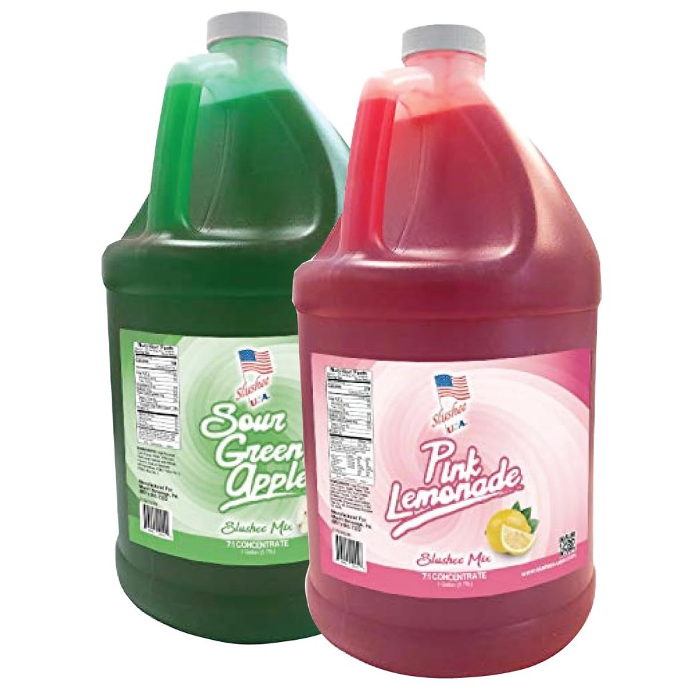 2 Flavor Half Case Sour Green Apple/Pink Lemonade Slushee Mix - Half Case of 2 x 1 Gallons | 256 oz (Yields Approx. 192-12oz servings per case) | Mixing Ratio 7 (Water) to 1 (Product Mix)