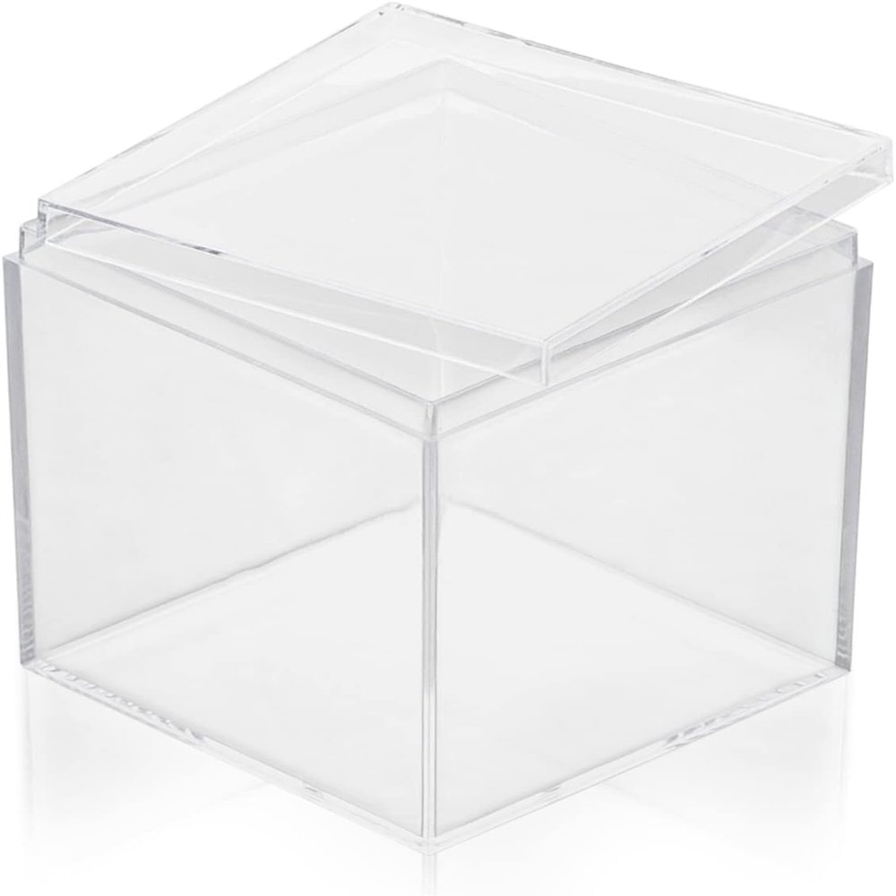 Hammont Acrylic Desk Accessories Set - Cotton Ball & Qtip Holder Set - 4 Pack - Acrylic Holder with Lid - Organization and Storage Bathroom Amac Box for Makeup, Jewelry, Nick Nacks - 3x3x3