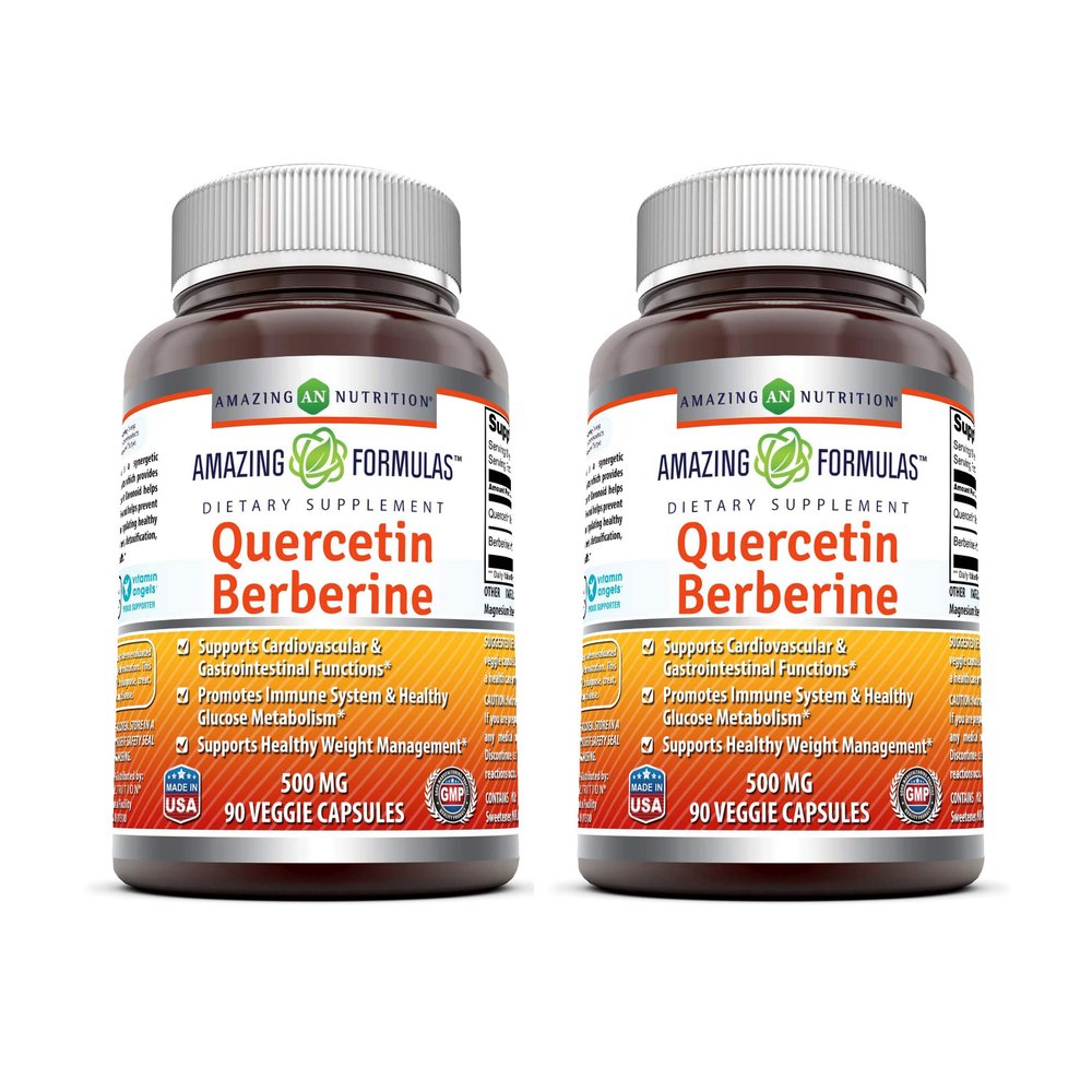 Amazing Formulas Quercetin Berberine | 250 mg Berberine and 250 mg Quercetin | Veggie Capsules Supplement | Non-GMO | Gluten Free | Made in USA (90 | 2 Pack)