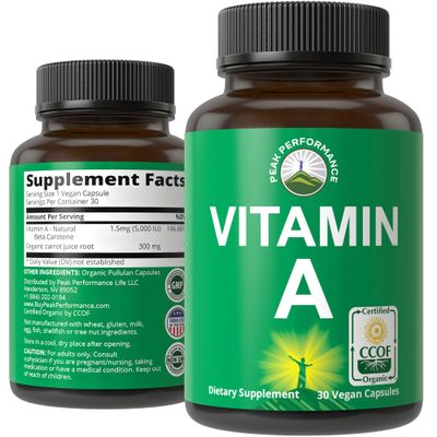 Certified Organic Vitamin A 5000 IU Supplement Capsules High Potency Vitamins. for Adults, Men, Women, Kids. Made with Carrot Juice. Great for Immune, Skin, Eye Support. Non GMO, Vegan Pills