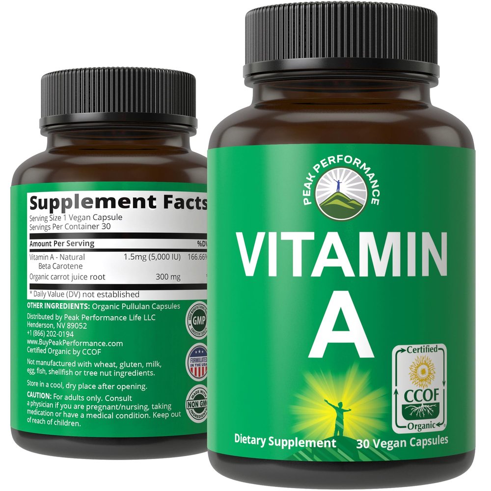 Certified Organic Vitamin A 5000 IU Supplement Capsules High Potency Vitamins. for Adults, Men, Women, Kids. Made with Carrot Juice. Great for Immune, Skin, Eye Support. Non GMO, Vegan Pills