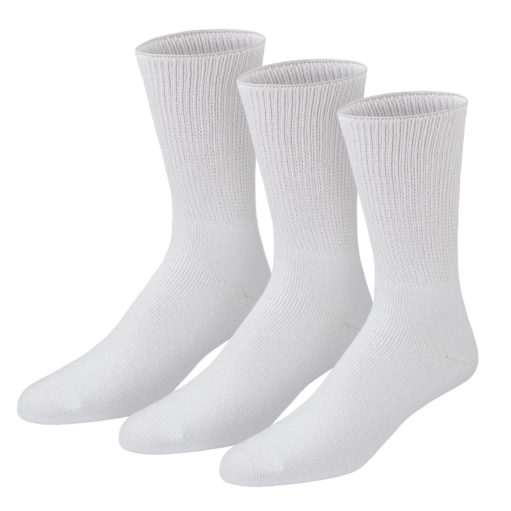 3 Pairs of Premium Cotton Loose Top Diabetic Neuropathy Crew Socks (9-11, White)