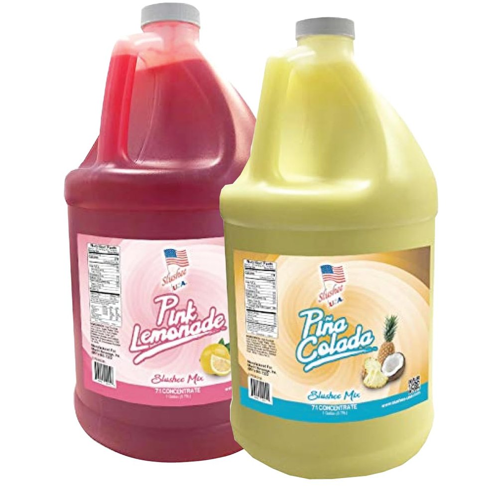 2 Flavor Half Case Pina Colada/Pink Lemonade Slushee Mix - Half Case of 2 x 1 Gallons | 256 oz (Yields Approx. 192-12oz servings per case) | Mixing Ratio 7 (Water) to 1 (Product Mix)
