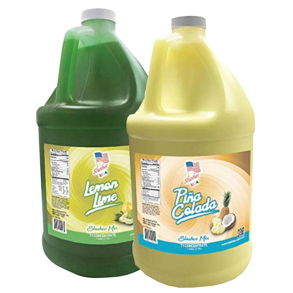 2 Flavor Half Case Pina Colada/Lemon Lime Slushee Mix - Half Case of 2 x 1 Gallons | 256 oz (Yields Approx. 192-12oz servings per case) | Mixing Ratio 7 (Water) to 1 (Product Mix)