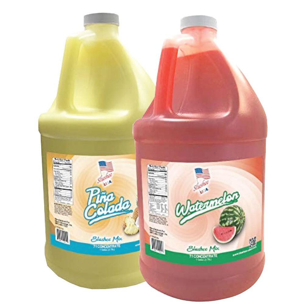 2 Flavor Half Case Pina Colada/Watermelon Slushee Mix - Half Case of 2 x 1 Gallons | 256 oz (Yields Approx. 192-12oz servings per case) | Mixing Ratio 7 (Water) to 1 (Product Mix)