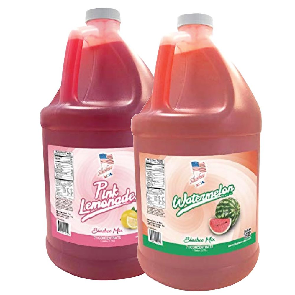2 Flavor Half Case Watermelon/Pink Lemonade Slushee Mix - Half Case of 2 x 1 Gallons | 256 oz (Yields Approx. 192-12oz servings per case) | Mixing Ratio 7 (Water) to 1 (Product Mix)