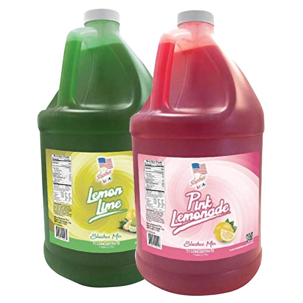 2 Flavor Half Case Pink Lemonade/Lemon Lime Slushee Mix - Half Case of 2 x 1 Gallons | 256 oz (Yields Approx. 192-12oz servings per case) | Mixing Ratio 7 (Water) to 1 (Product Mix)