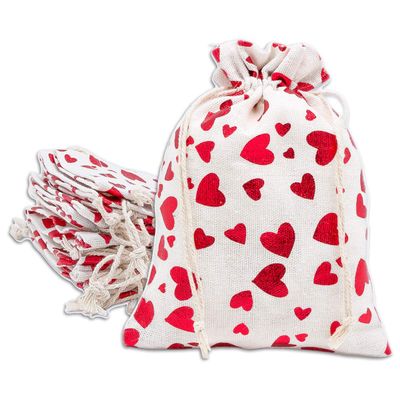 12-Pack 4x6 Reusable Cotton Canvas Muslin Gift Bags w. Drawstrings (Red Hearts, Small) - for Presents, Party Favors, Retail, Samples by TheDisplayGuys