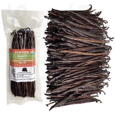 25 Organic Madagascar Vanilla Beans Grade B. Certified USDA Organic. 5"-7" Bulk by FITNCLEAN VANILLA| Bourbon Whole NON-GMO PODS.