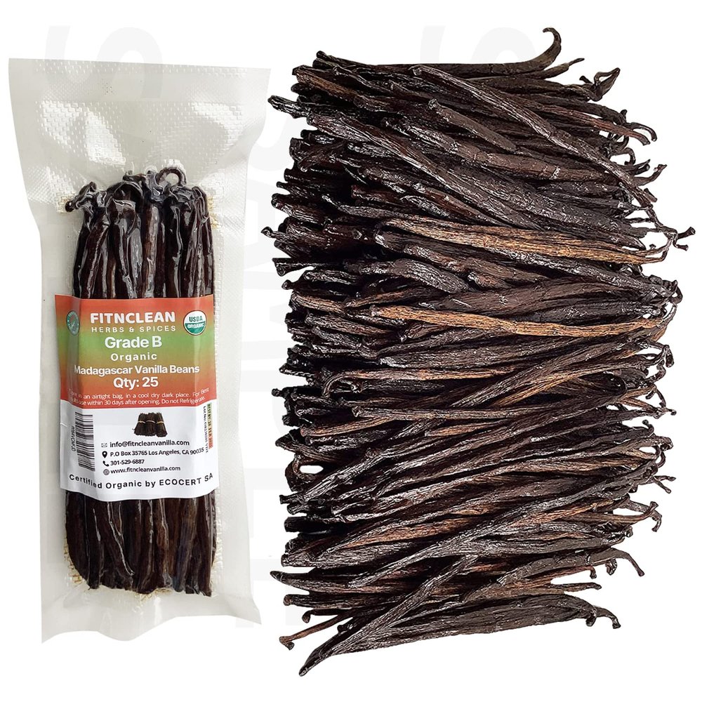25 Organic Madagascar Vanilla Beans Grade B. Certified USDA Organic. 5"-7" Bulk by FITNCLEAN VANILLA| Bourbon Whole NON-GMO PODS.