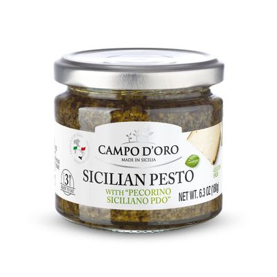 CAMPO D'ORO | PASTA SAUCE 180 Gr., Pesto sauce with Italian Pecorino Cheese PDO, basil sauce and persil. Italian pasta sauce & sicilian pesto sauce. Rustic tins,sauce for your recipes 100% made in italy