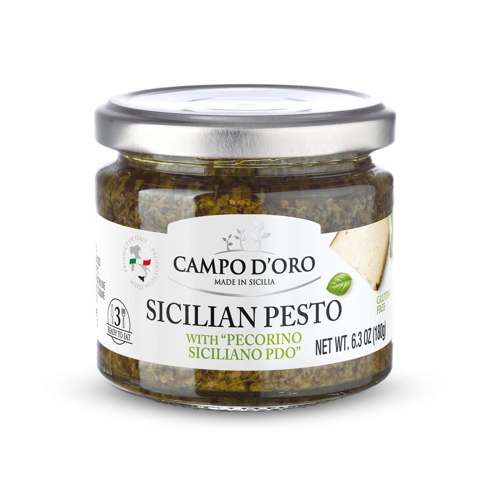 CAMPO D'ORO | PASTA SAUCE 180 Gr., Pesto sauce with Italian Pecorino Cheese PDO, basil sauce and persil. Italian pasta sauce & sicilian pesto sauce. Rustic tins,sauce for your recipes 100% made in italy
