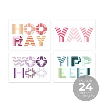 Canopy Street Yay Yippee Woohoo Congratulatory Note Cards / 24 All Occasion Blank Celebration Greeting Cards / 4 Festive Designs / 3 1/2" x 4 7/8" Congrats Graduation Celebration Event Cards