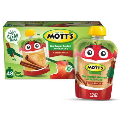 Mott's No Sugar Added Cinnamon Applesauce, 3.2 Oz Clear Pouches, 48 Count (4 Packs Of 12), Good Source Of Vitamin C, No Artificial Flavors
