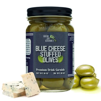 Green Jay Gourmet Blue Cheese Stuffed Olives  Cheese Stuffed Green Olives for Cocktail Garnish & Cheese Board  Dirty Martini Olives  Gourmet Olives  All Natural  Large  16 Ounces