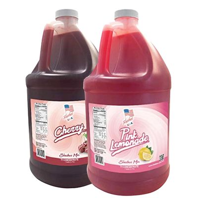 2 Flavor Half Case Cherry/Pink Lemonade Slushee Mix - Half Case of 2 x 1 Gallons | 256 oz (Yields Approx. 192-12oz servings per case) | Mixing Ratio 7 (Water) to 1 (Product Mix)